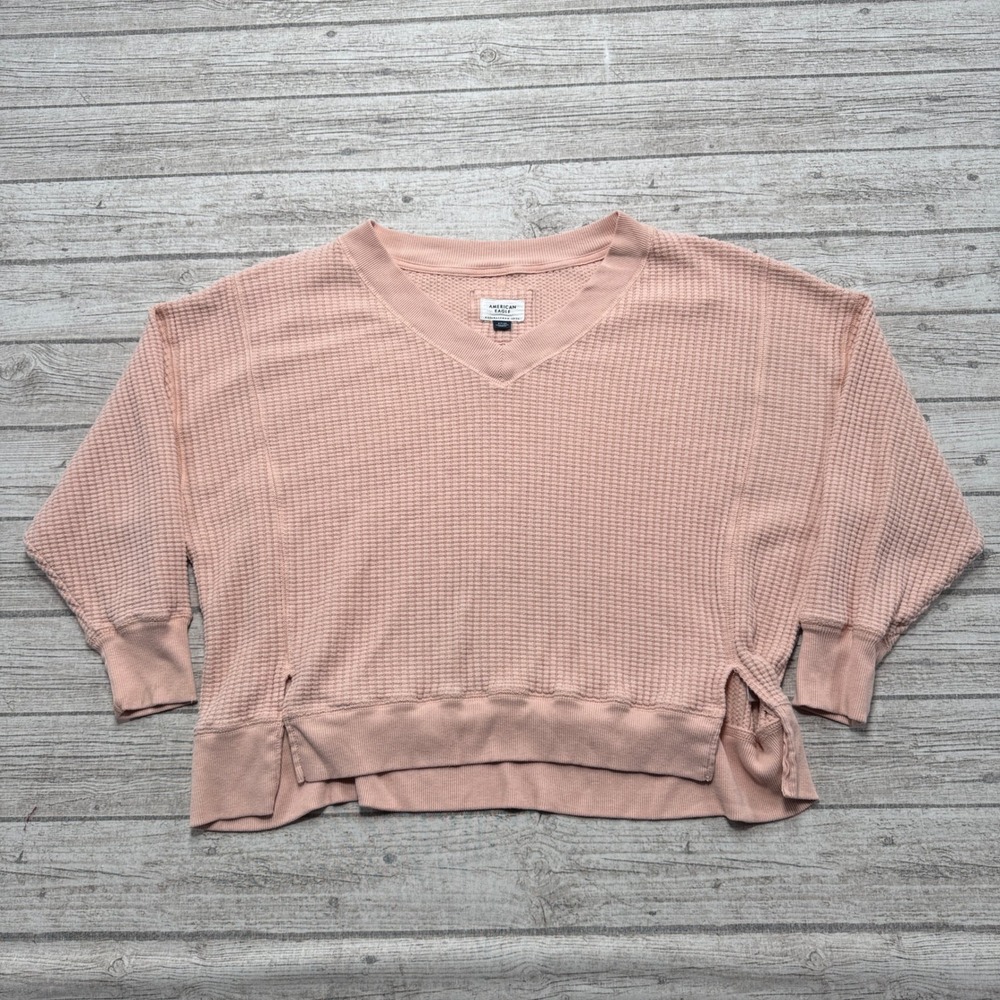 American Eagle Top Women's Small Pink V-Neck Oversized Thermal Waffle Knit Comfy
